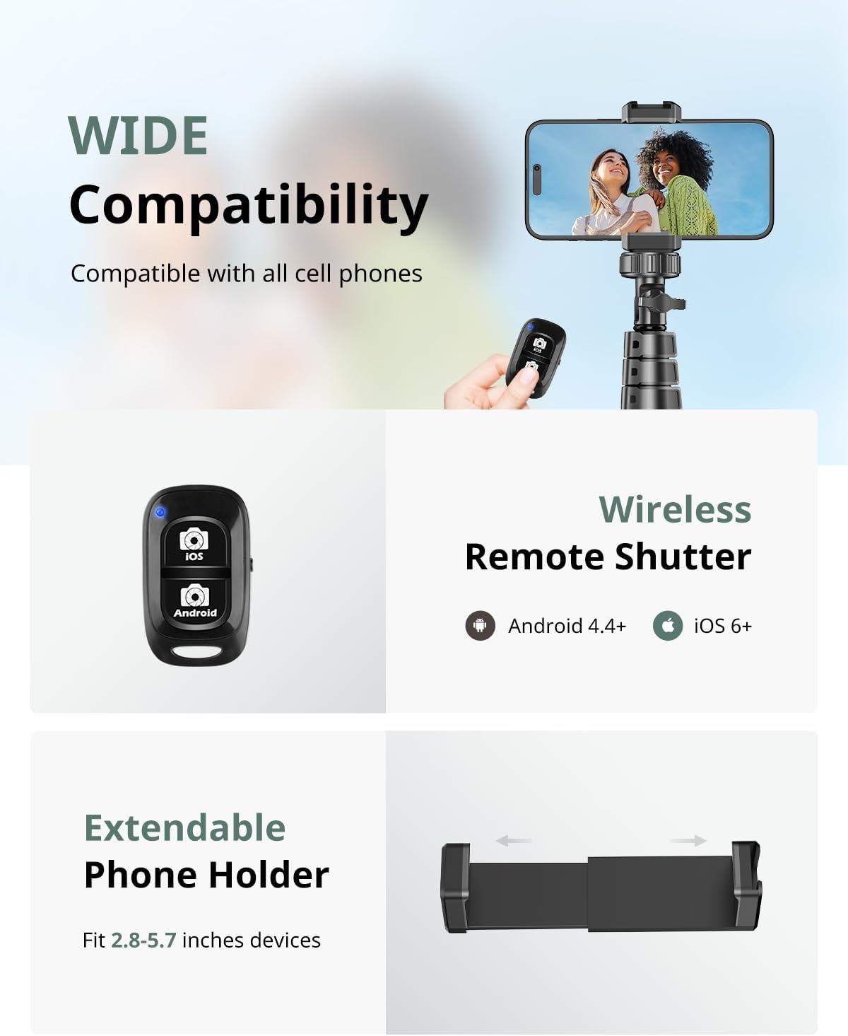 62" Phone Tripod for iPhone, Extendable Selfie Stick Tripod Stand with Wireless Remote and Phone Holder, Cell Phone