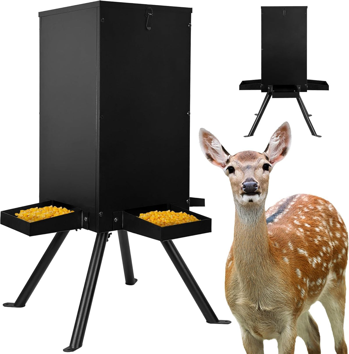 85lbs Deer Feeder, Weatherproof Deer Feeders with 4 Feeding Tray and 4-Leg Stand, Heavy Duty Metal Gravity Feeder for