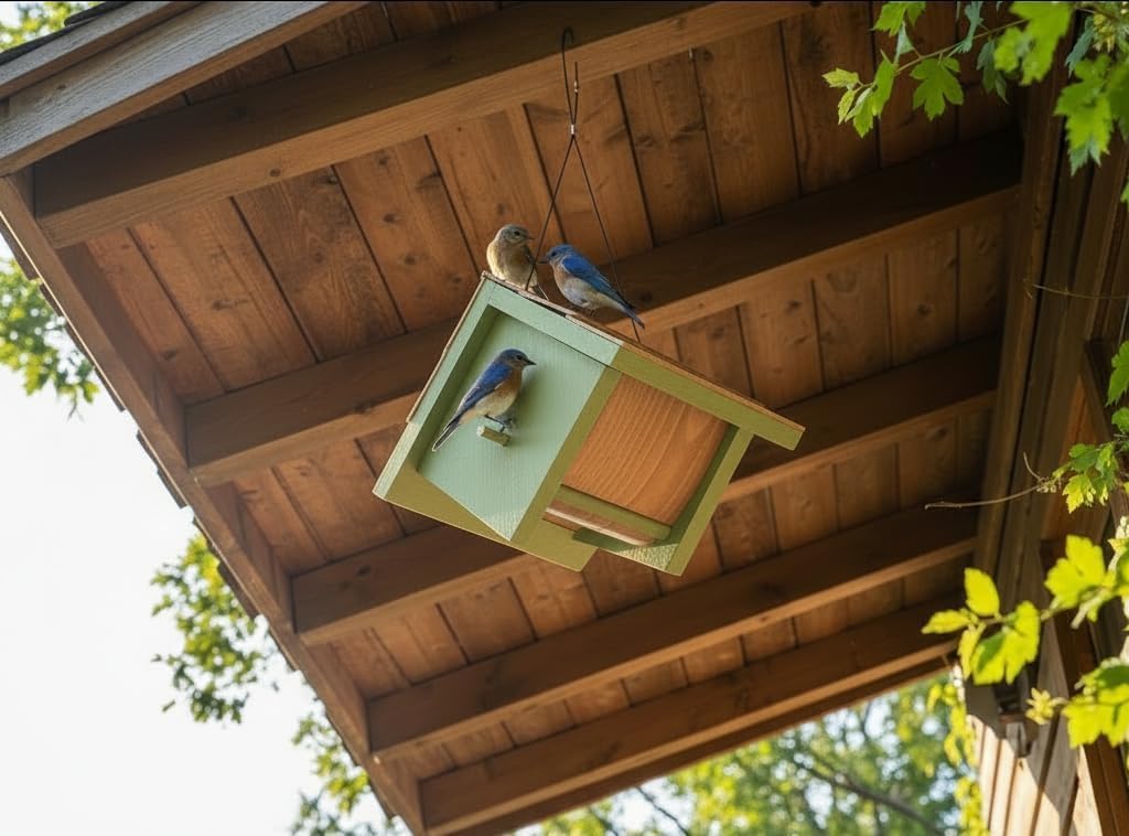 Large Cedar Bluebird House for Outside - Bamboo Shingles Roof Birdhouse for Bluebirds - Weather Proof Metal Protected