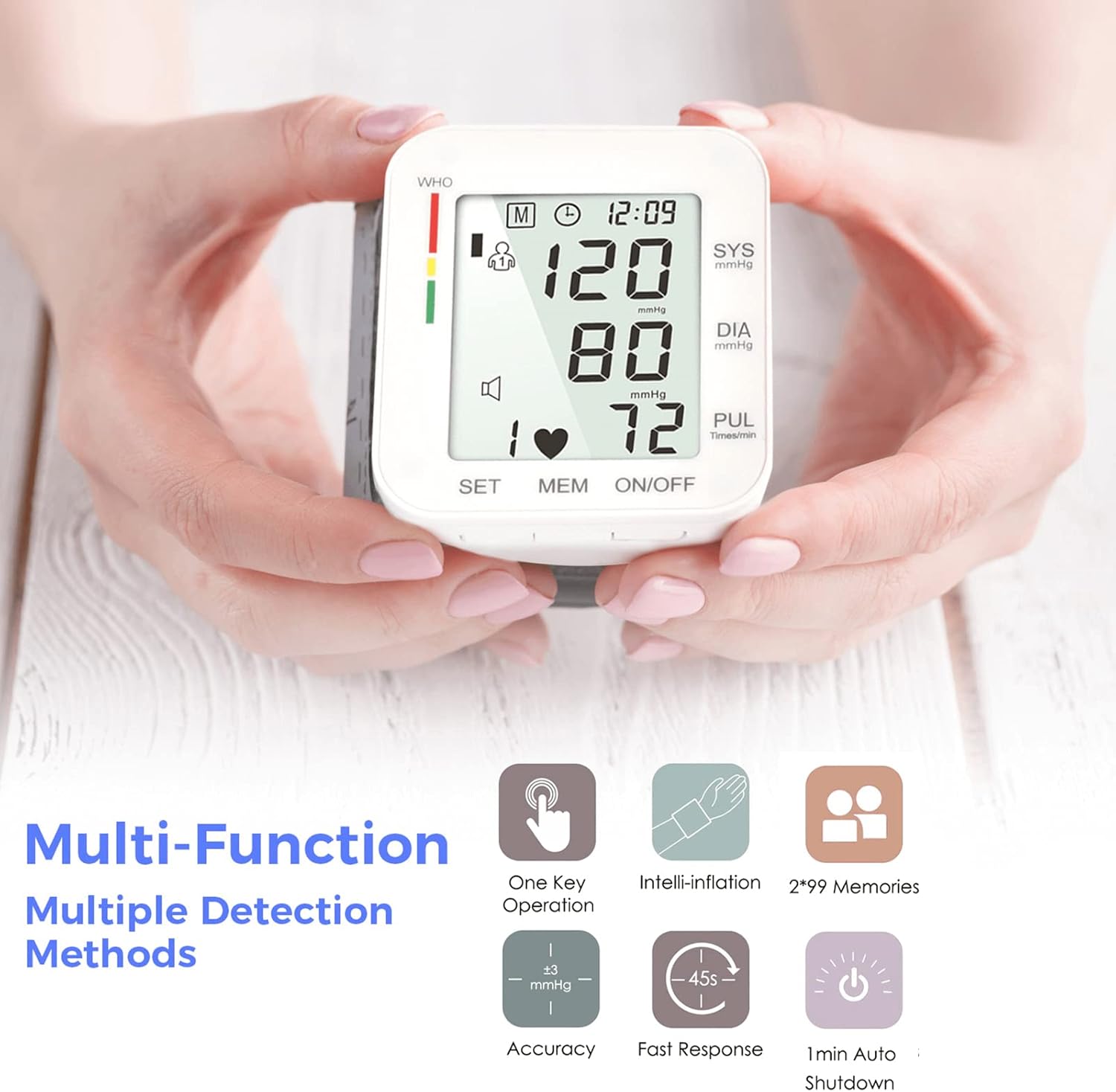 Wrist Blood Pressure Monitor Large LCD Display BP Machine Adjustable Cuff 5.31-7.68 inch Automatic 99x2 Sets Memory