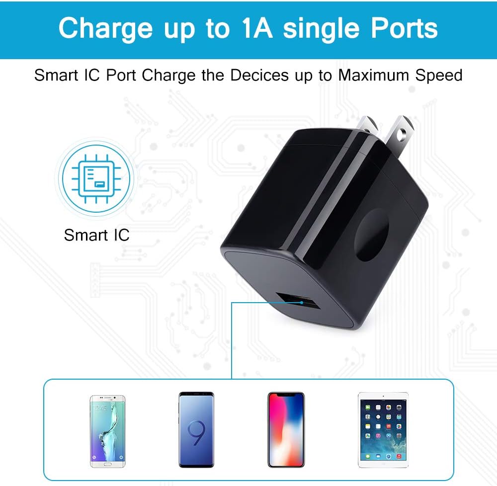 Wall Charger Cube,1A/5V Single Port USB Plug 3 Pack Travel Black Charging Block Box Adapter Compatible Phone,Samsung