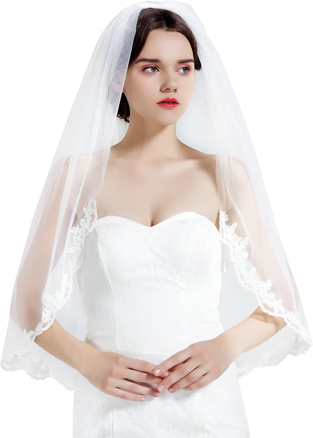Wedding Bridal Veil with Comb 1 Tier Lace Applique Edge