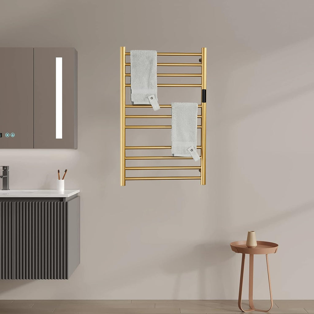 Electric Towel Warmers Radiator with Timer Gold, 140W Wall-Mounted & Freestanding Heated Towel Drying Rack with 11