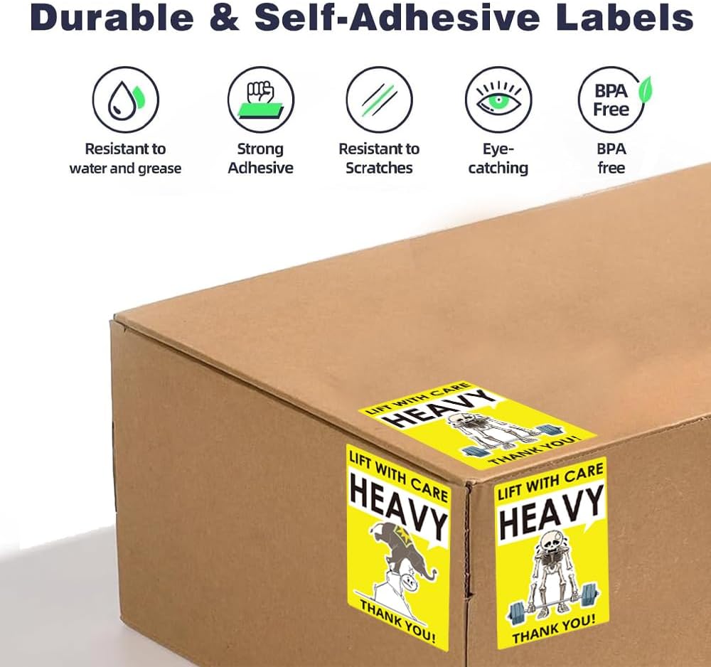 3x2 Inch Heavy Lift with Care Stickers, Strong Adhesive Labels for Shipping, Funny Skeleton & Elephant Design