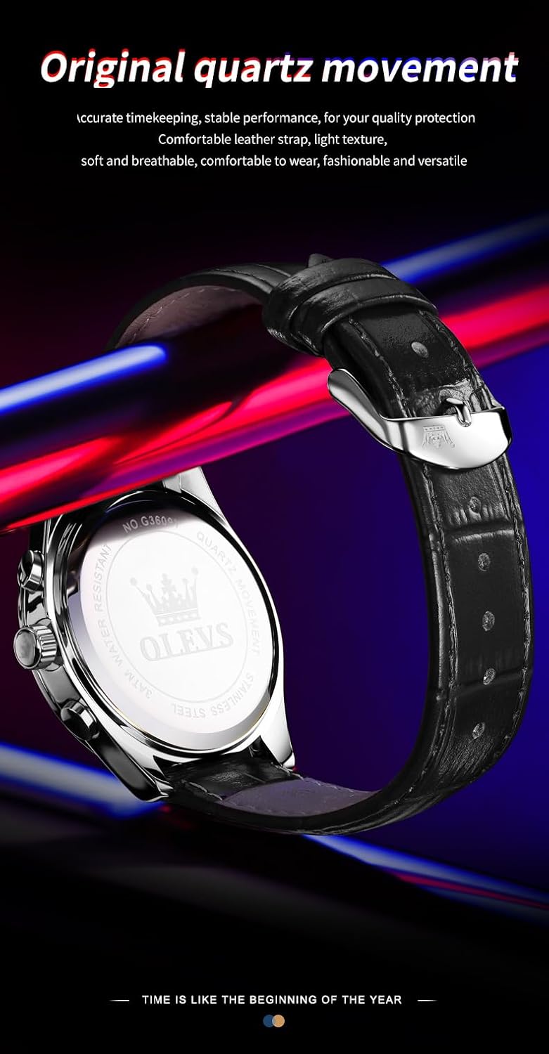 Men's Leather Analog Quartz Watch Luxury Chronograph Watch Waterproof