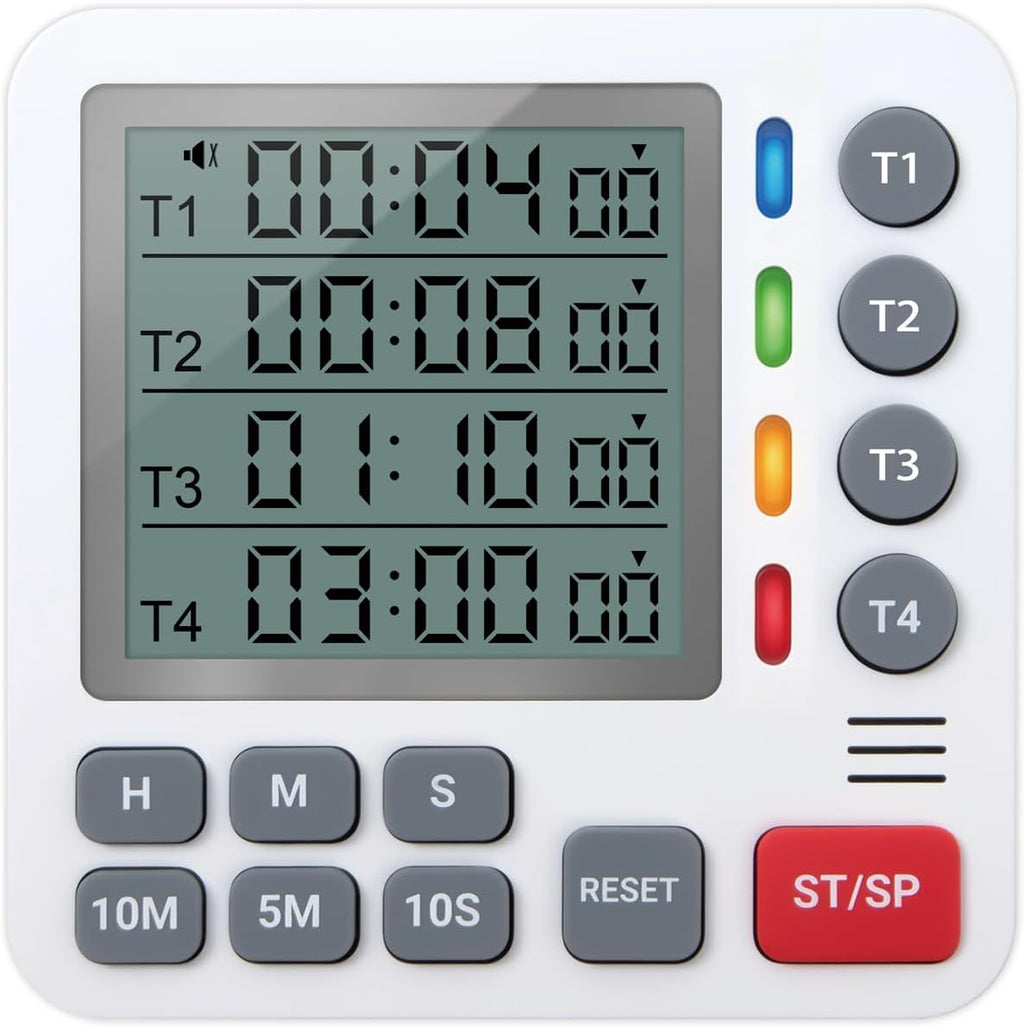 Digital Kitchen Timer - 4-Channel Cooking Timer with Alarm, Magnetic Back, Loud & Silent Modes, Count Up/Down, Ideal