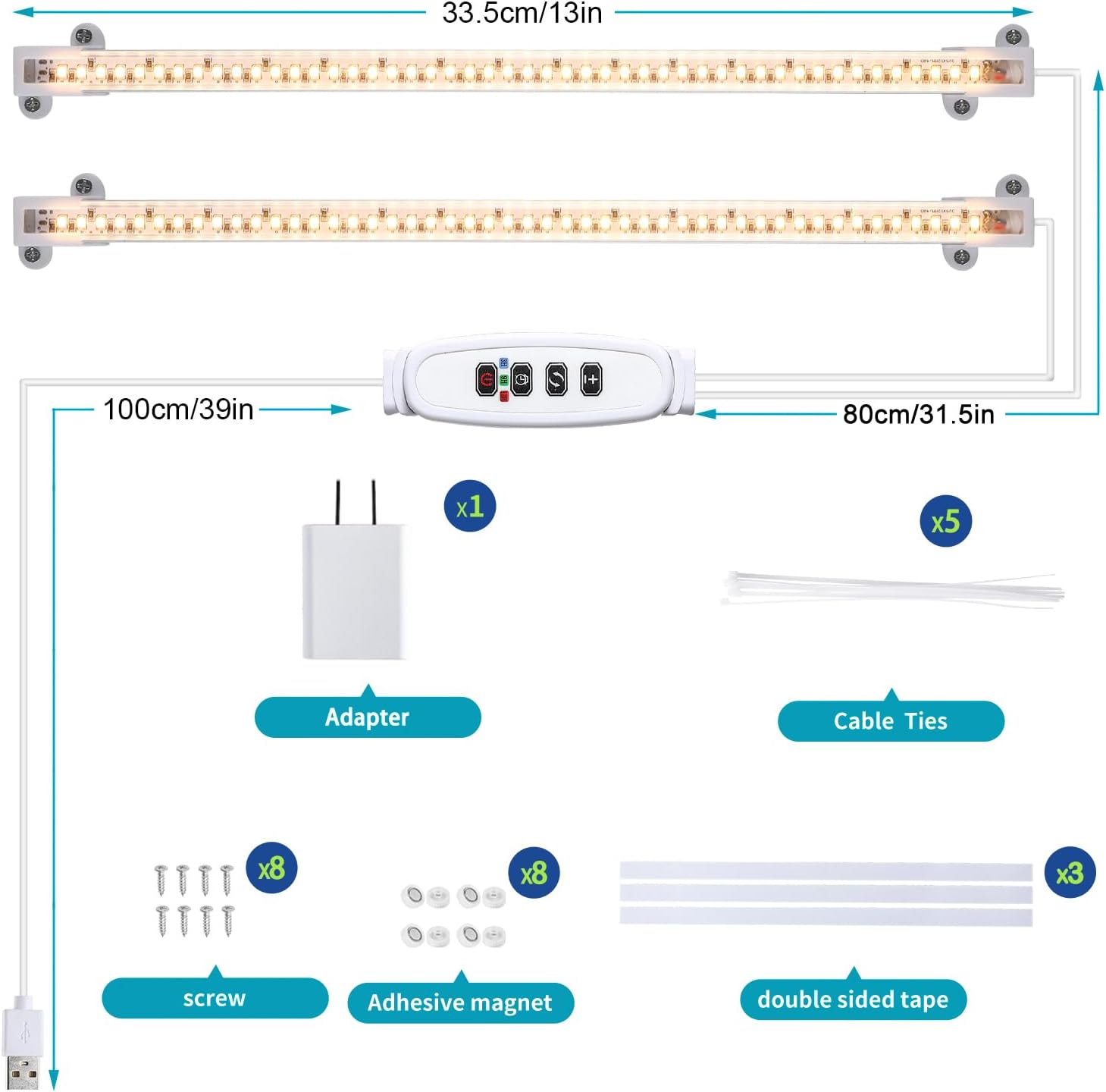 LED Grow Light Strips for Indoor Plants Full Spectrum 3500K, 96 LEDs Plant Light Bar with 3/9/12H Timer, 10 Dimmable