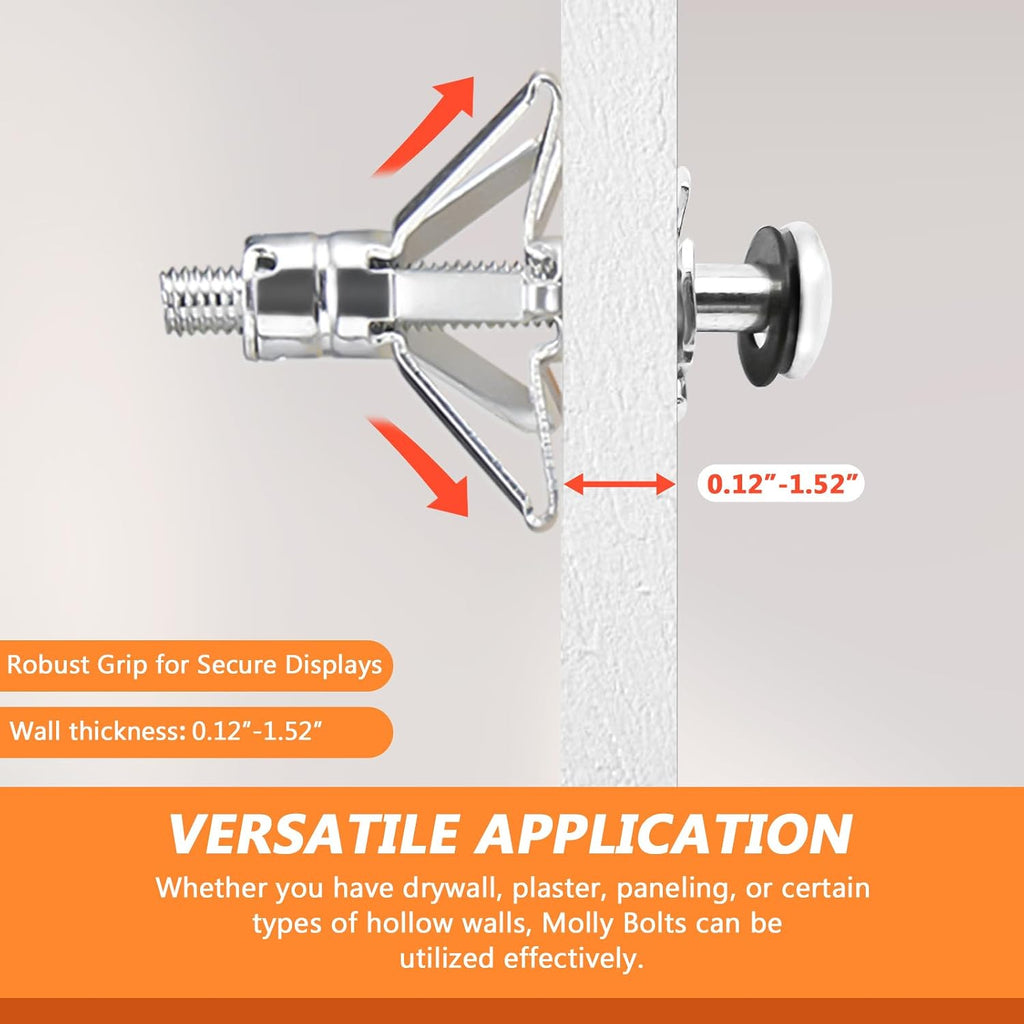 Molly Bolts for Drywall & Plaster Walls (0.12"-1.52"), 32PCS in 8 Sizes Screws with Molly Bolts Setting Tool, Heavy