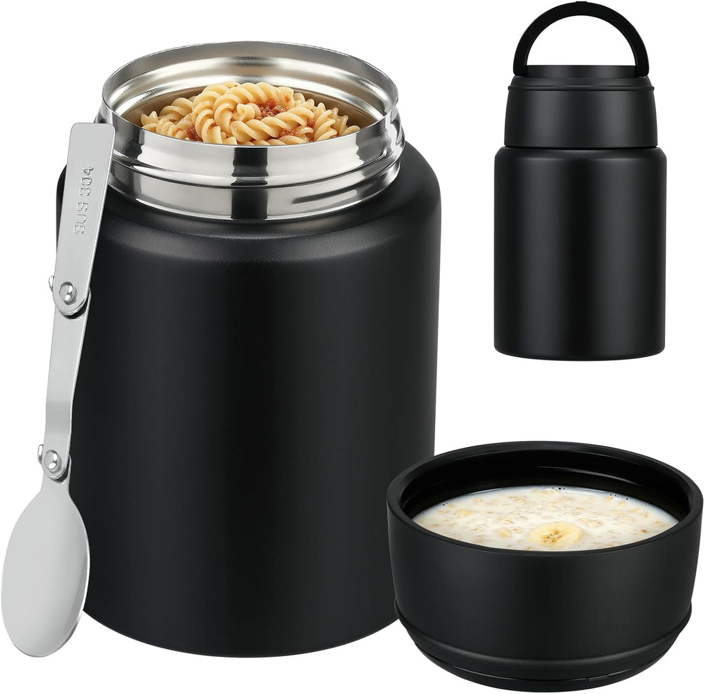 16oz Insulated Food Jar with Spoon, Stainless Steel, Black | insulated food jar, stainless steel, hot 12h cold 24h