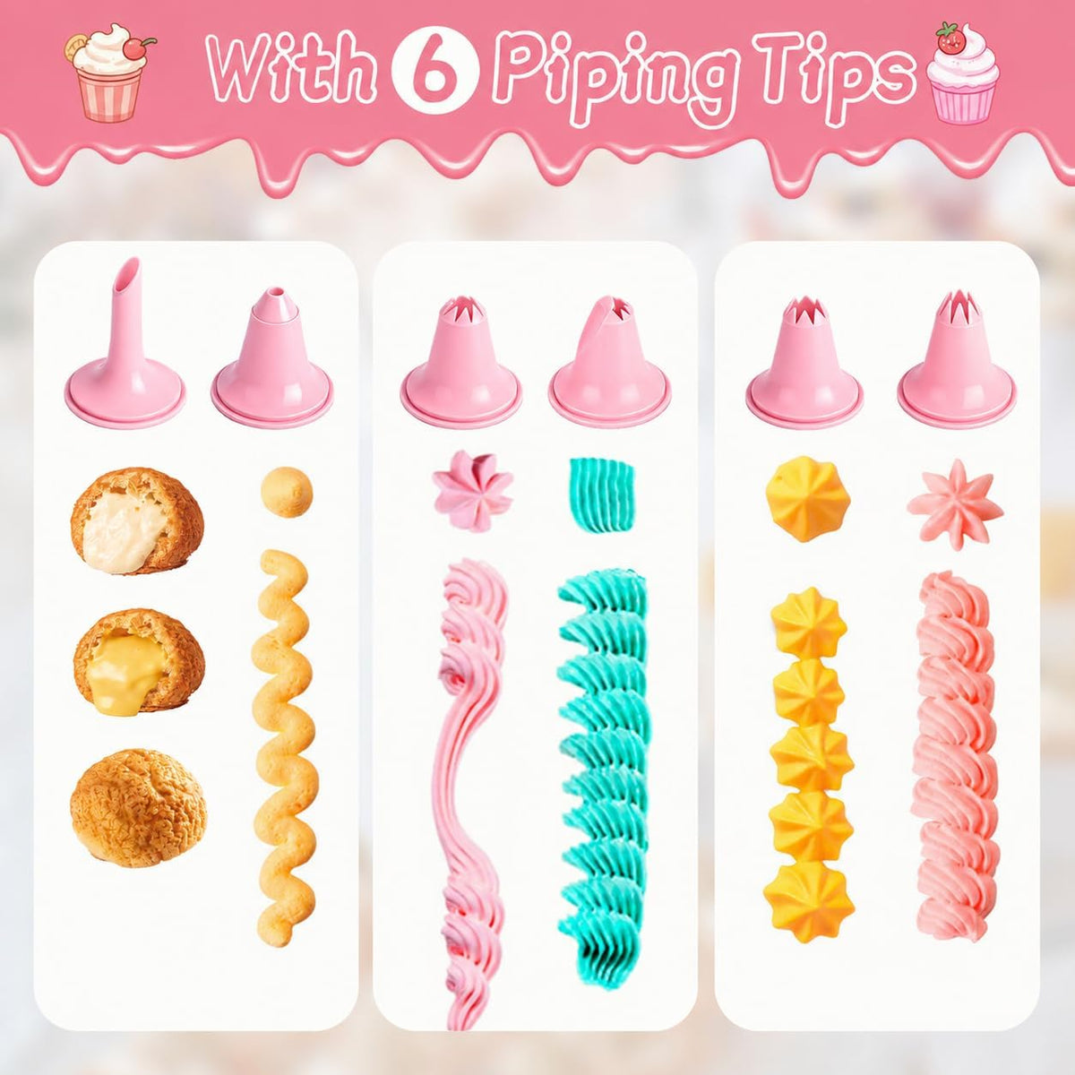 Plastic Cream Squeeze and Icing Set with 6 Piping Tips for Cupcakes(Pink)