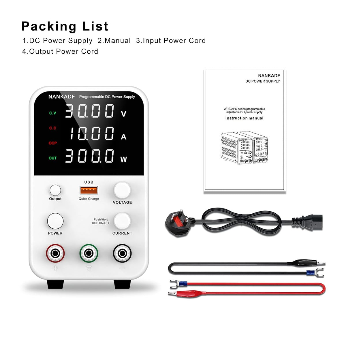 DC Power Supply Variable, Bench Power Supply with Encoder Adjustment Knob, Output Enable/Disable Button, Adjustable Power Supply with USB Quick-Charge, Short Circuit Alam (30V 10A White)