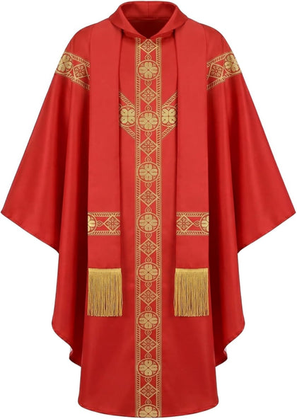 Red Catholic Chasuble, Priest Vestment with Stole, Round Collar Clergy Robes for Men, Church Mass Priest Costume for