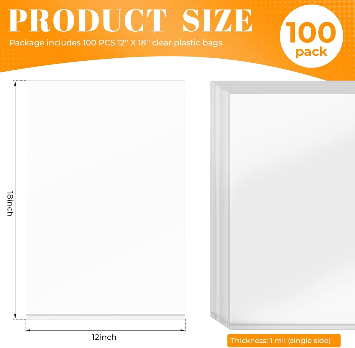 100 Pack 12 x 18 inch 1 Mil Clear Plastic Flat Poly Bags Clothing