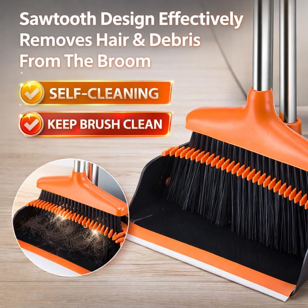 Broom and Dustpan Set with Long Handle, Upright Standing Self-Cleaning Combo, Windproof Dustpan with 6 Bonus Cleaning