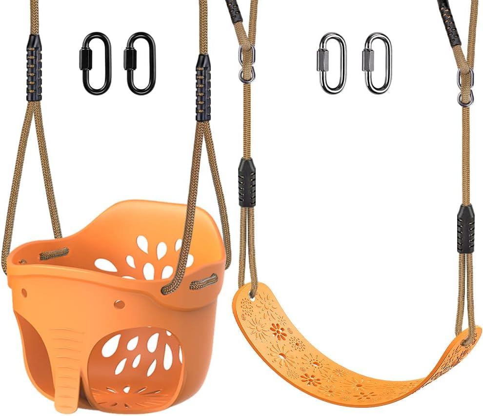 Toddler Swing Set Accessories, High Back Full Bucket Swing Seats with Adjustable Rope and 4 Locking Carabiners, Cute