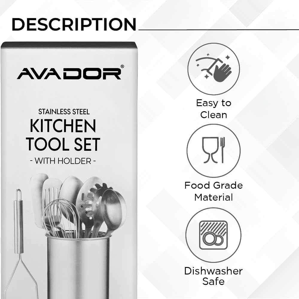 Premium Set of 10 Stainless Steel Kitchen Tool Set with Holder Easy To Clean, Space Saving, Great for Cooking