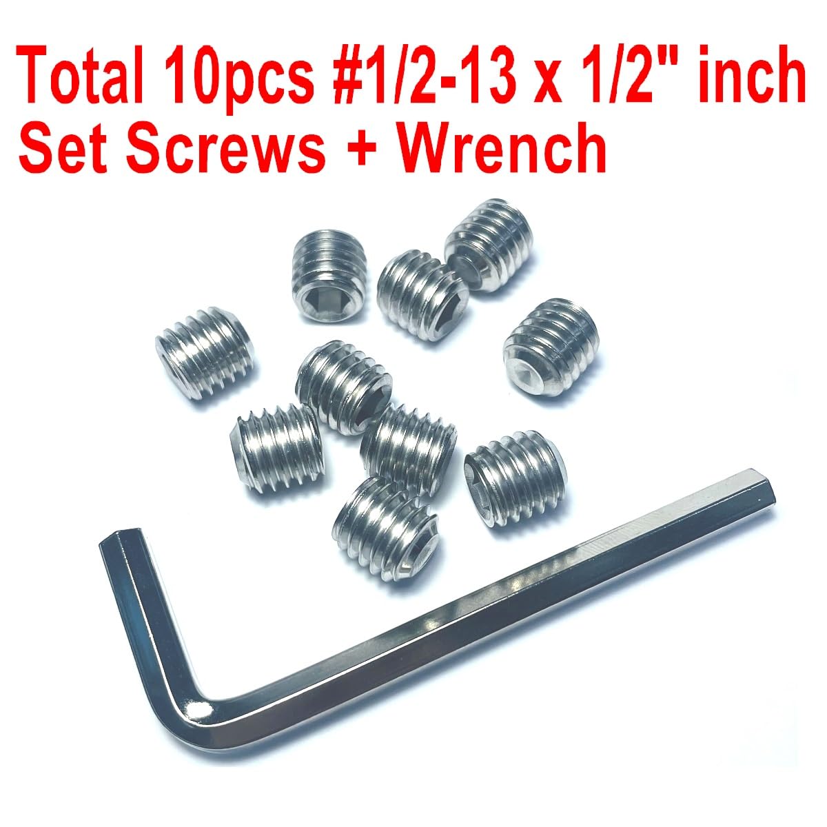 10PCS Set Screws 1/2-13 x 1/2, 304 Stainless Steel, Hex Socket, Silver