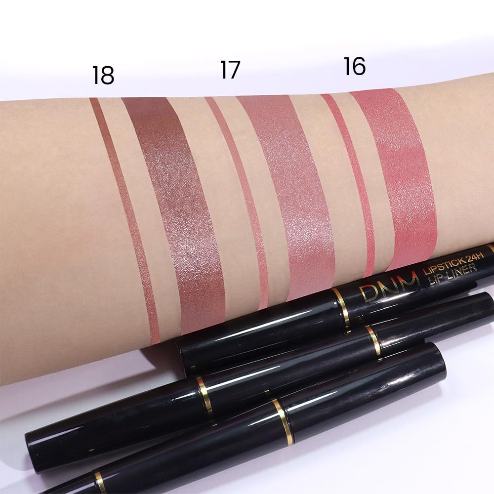 3Pcs Light Pink Nude Brown Metallic Shine Shimmer Lip Liner and Lipstick Combo Set Kit for Women, Lightweight