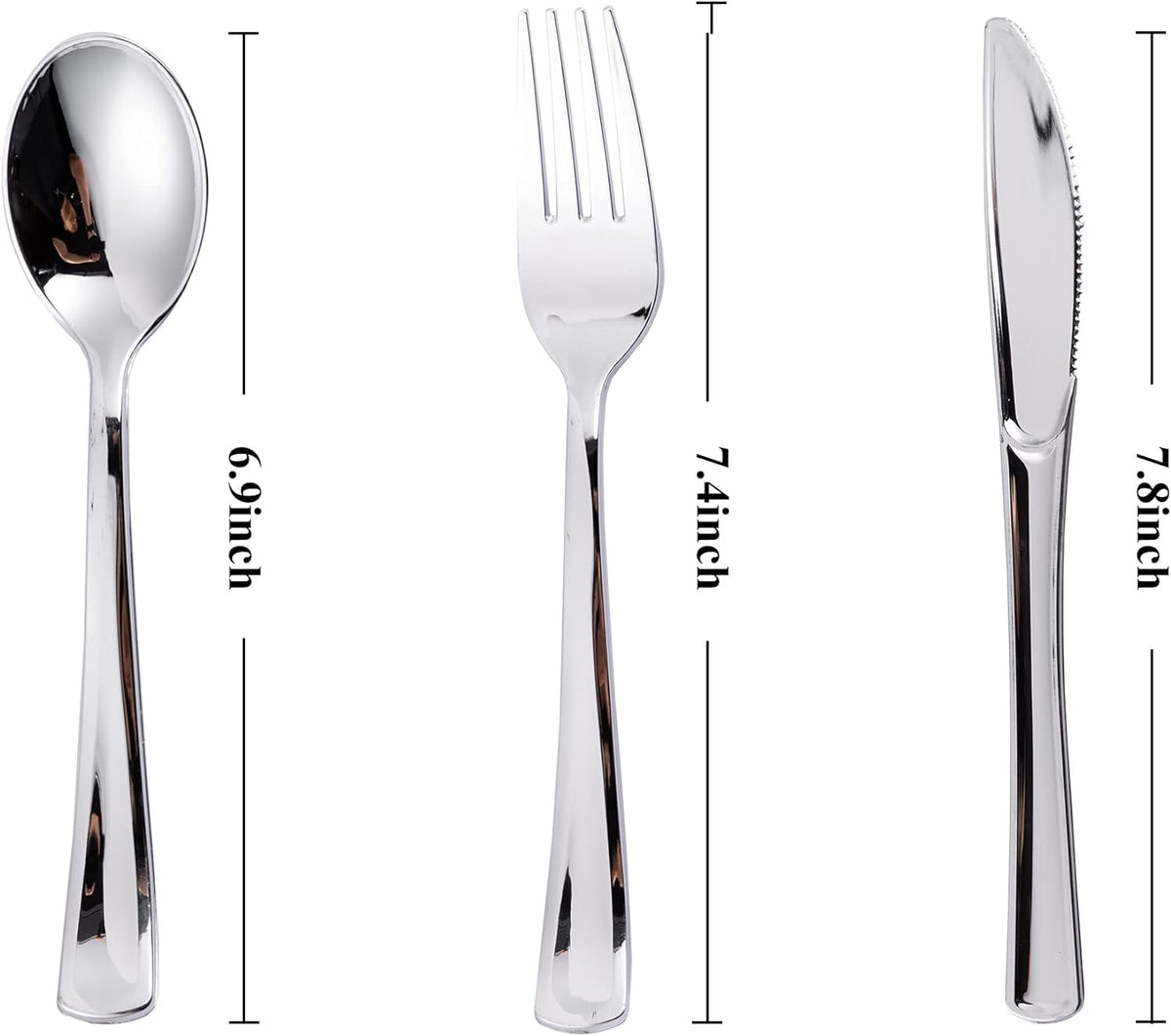 300PCS Silver Plastic Silverware, Disposable Utensils & Cutlery