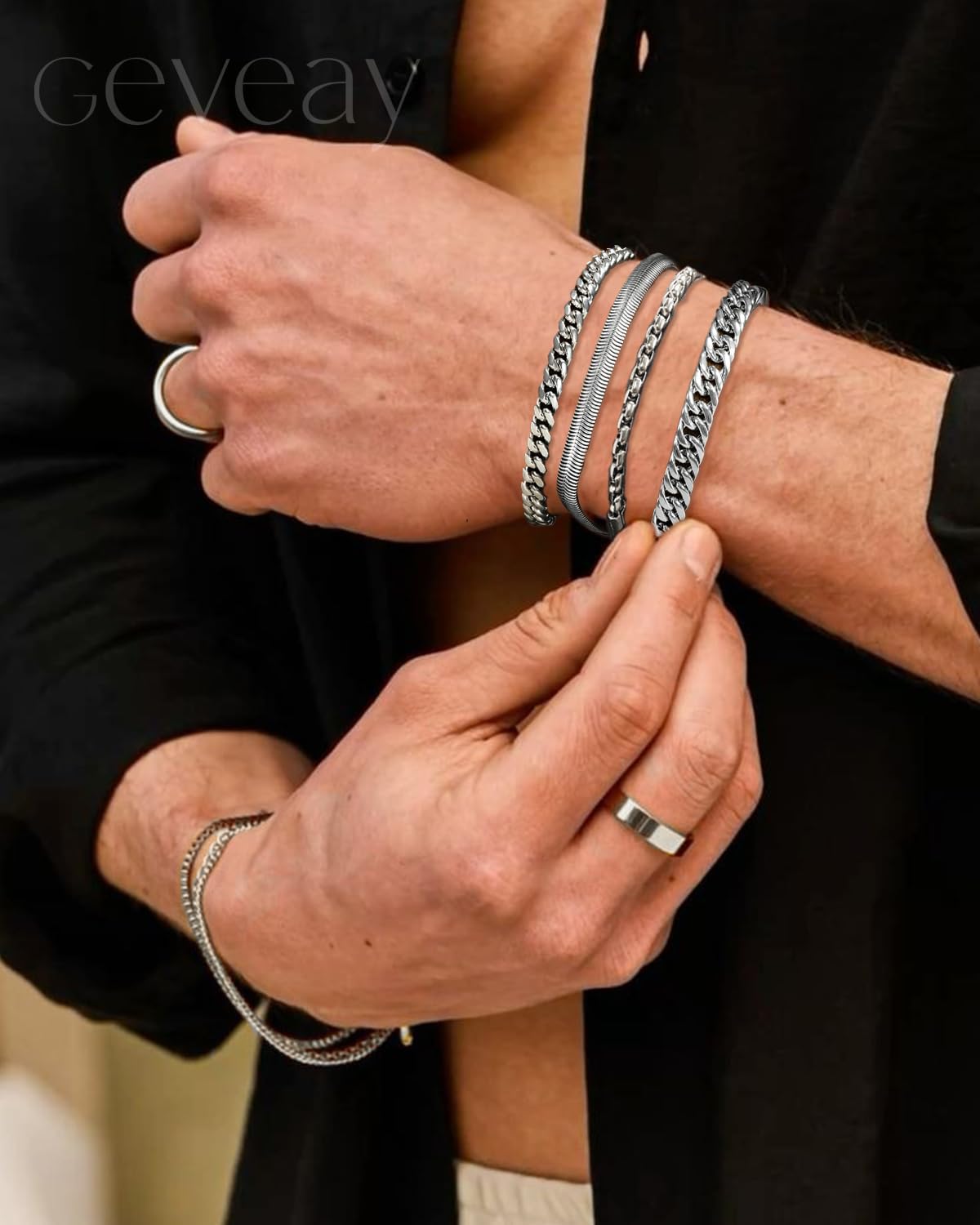 Men's Stainless Steel Silver Bracelets,6Pcs Adjustable Trendy Cuban Link Chain Bracelet Set Men Jewelry