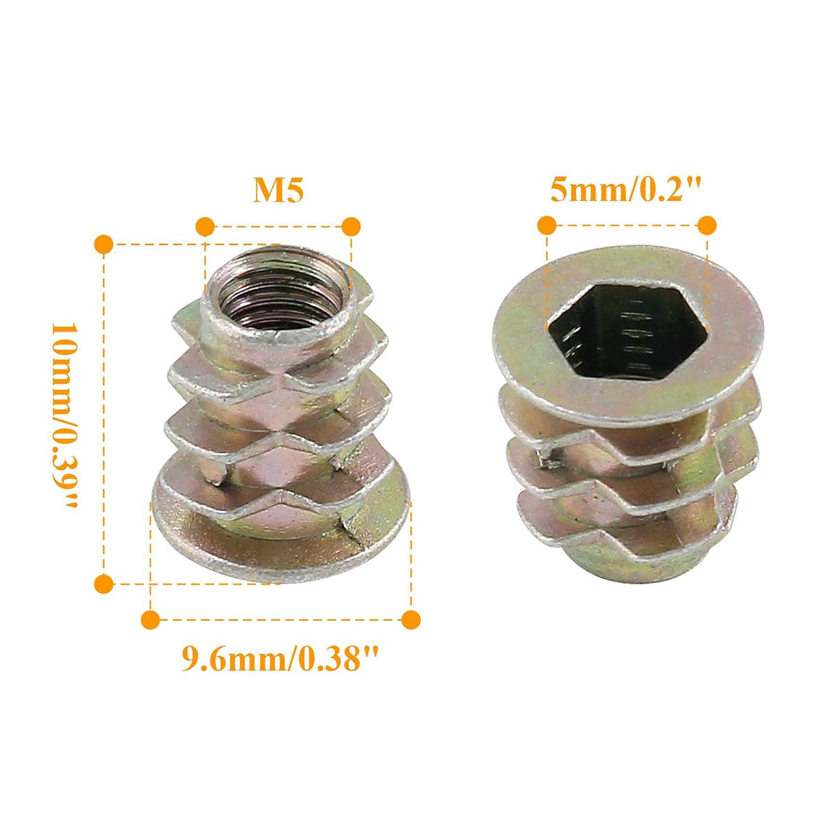 M5x10mm Threaded Insert Nuts, 50Pcs, 13/64 x 25/64 inch