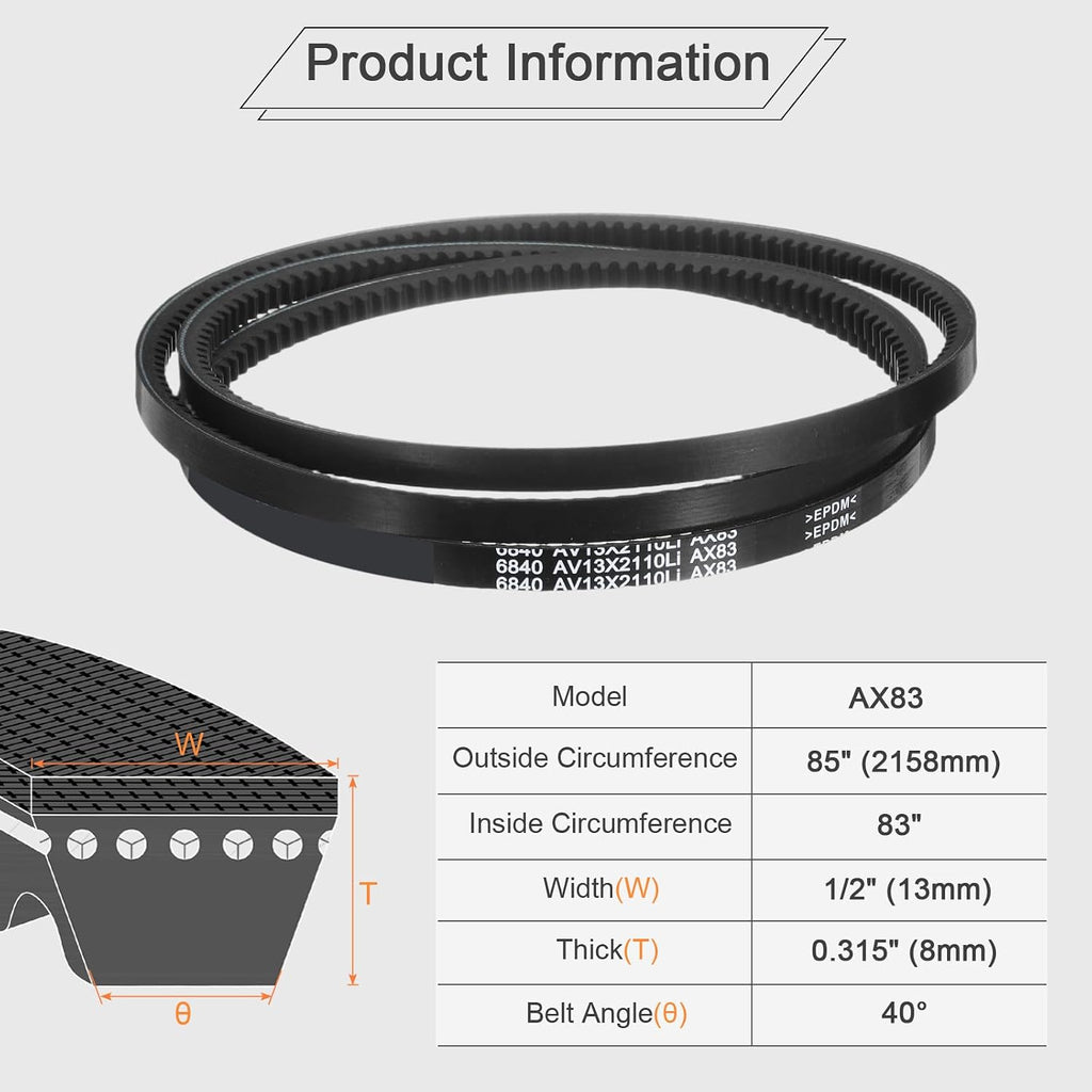 uxcell 2Pcs AX83 EPDM V-Belt, Raw Edge Cogged Industrial Rubber V Belt 1/2" Width x 85" Outer Circumference