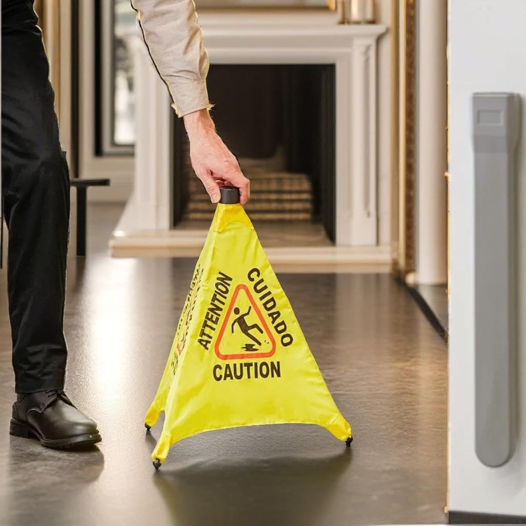 (2 Sets) Caution Wet Floor Sign - Pop Up Slippery When Wet Floor Cone, Wall Mounted Foldable Multilingual Yellow