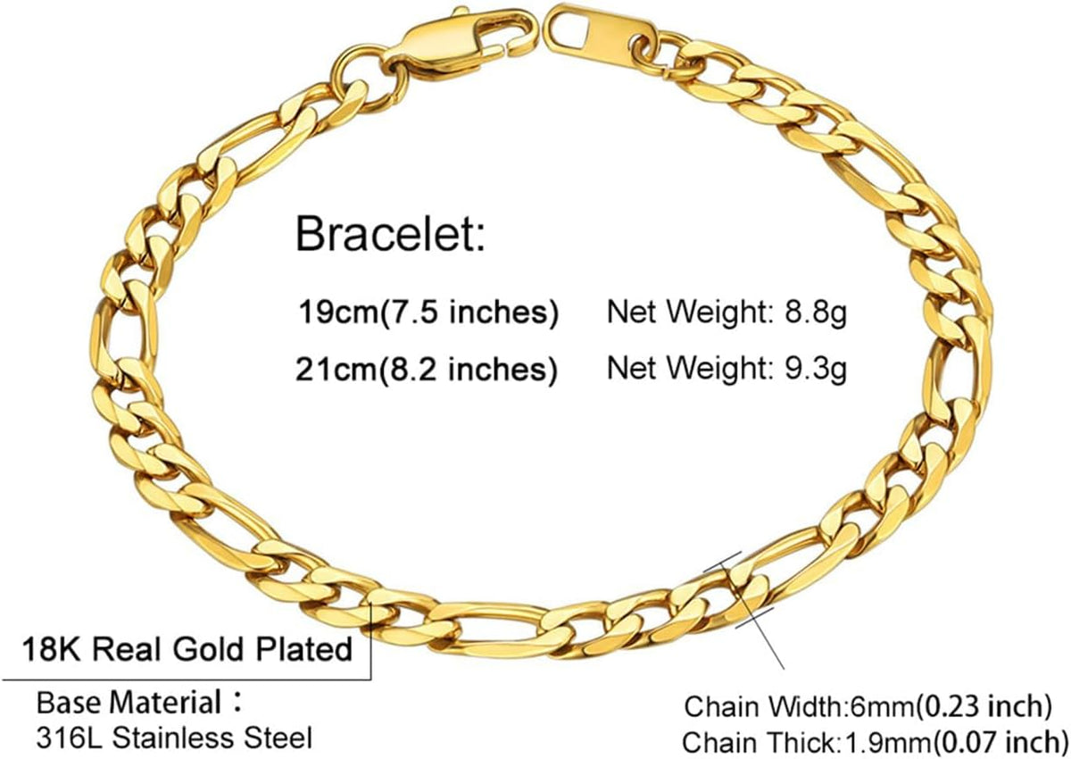 Figaro Link Chain Bracelet for Men Stainless Steel Jewelry | Black/ Gold Bracelets Men, 6/9/13mm Figaro Cuabn