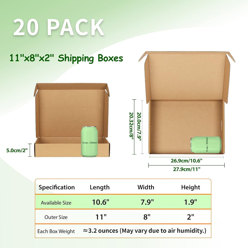 11x8x2 Cardboard Shipping Boxes Set of 20, Brown