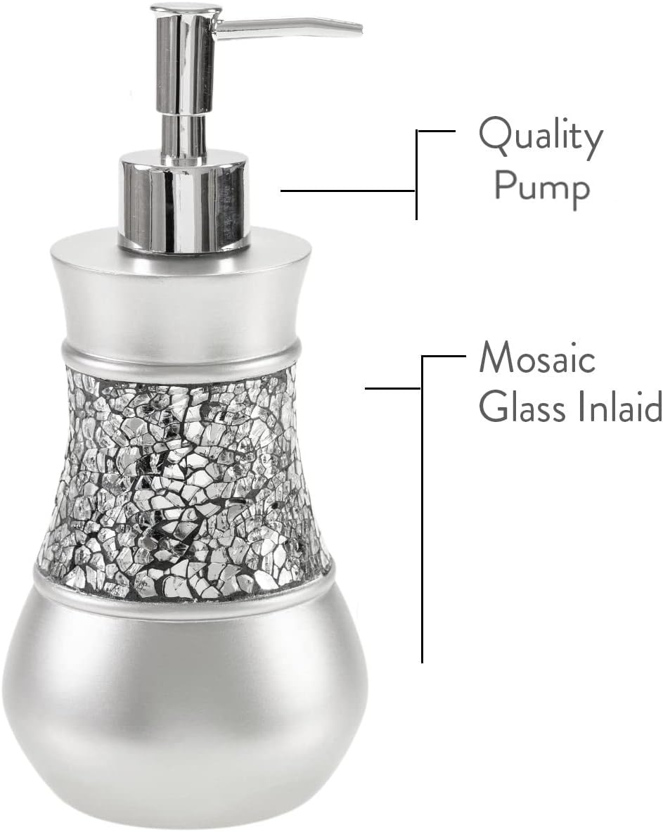 4 Pc. Resin Bathroom Accessory Set | Silver Crackled Glass | Includes Soap Dispenser, Toothbrush Holder, Tumbler Cup