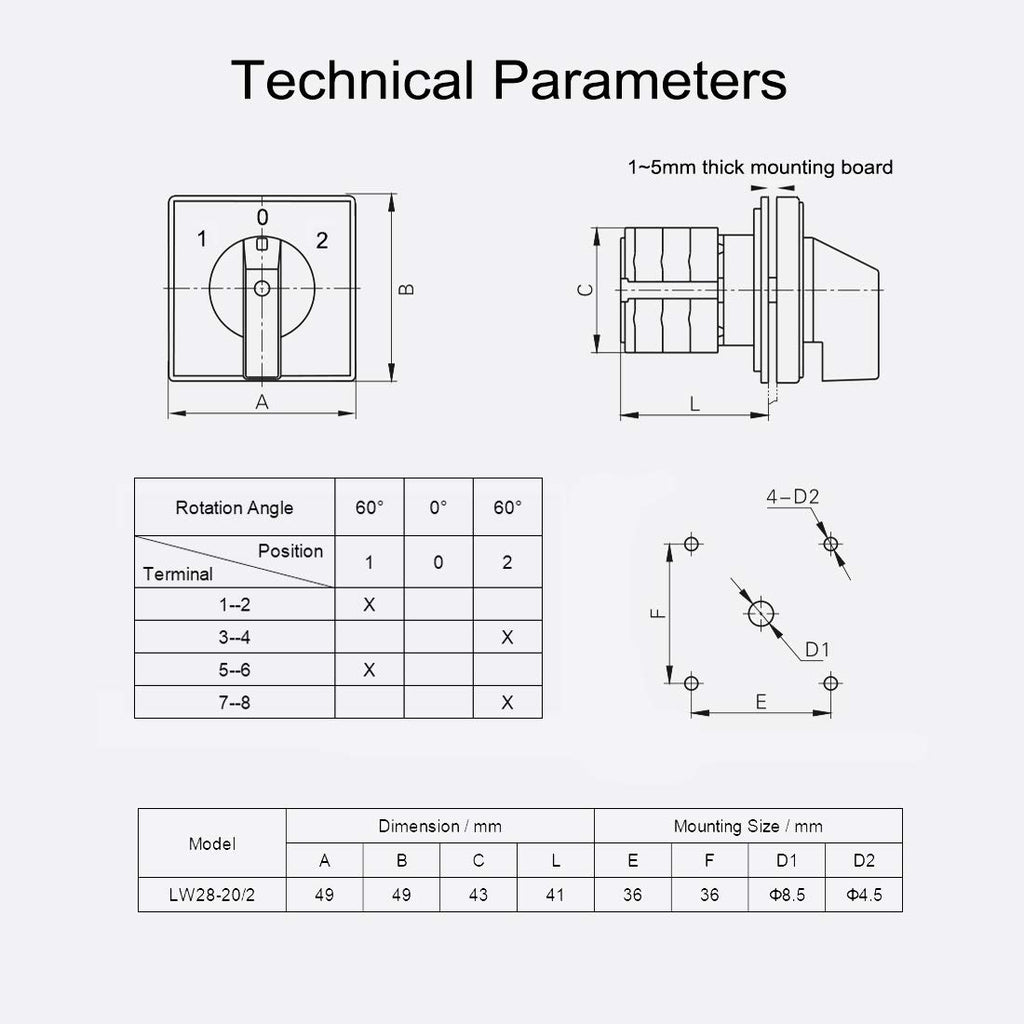 Changeover Switch LW28-20 3 Positions 8 Terminals Universal Rotary Cam Selector Latching Switches 550V 20A