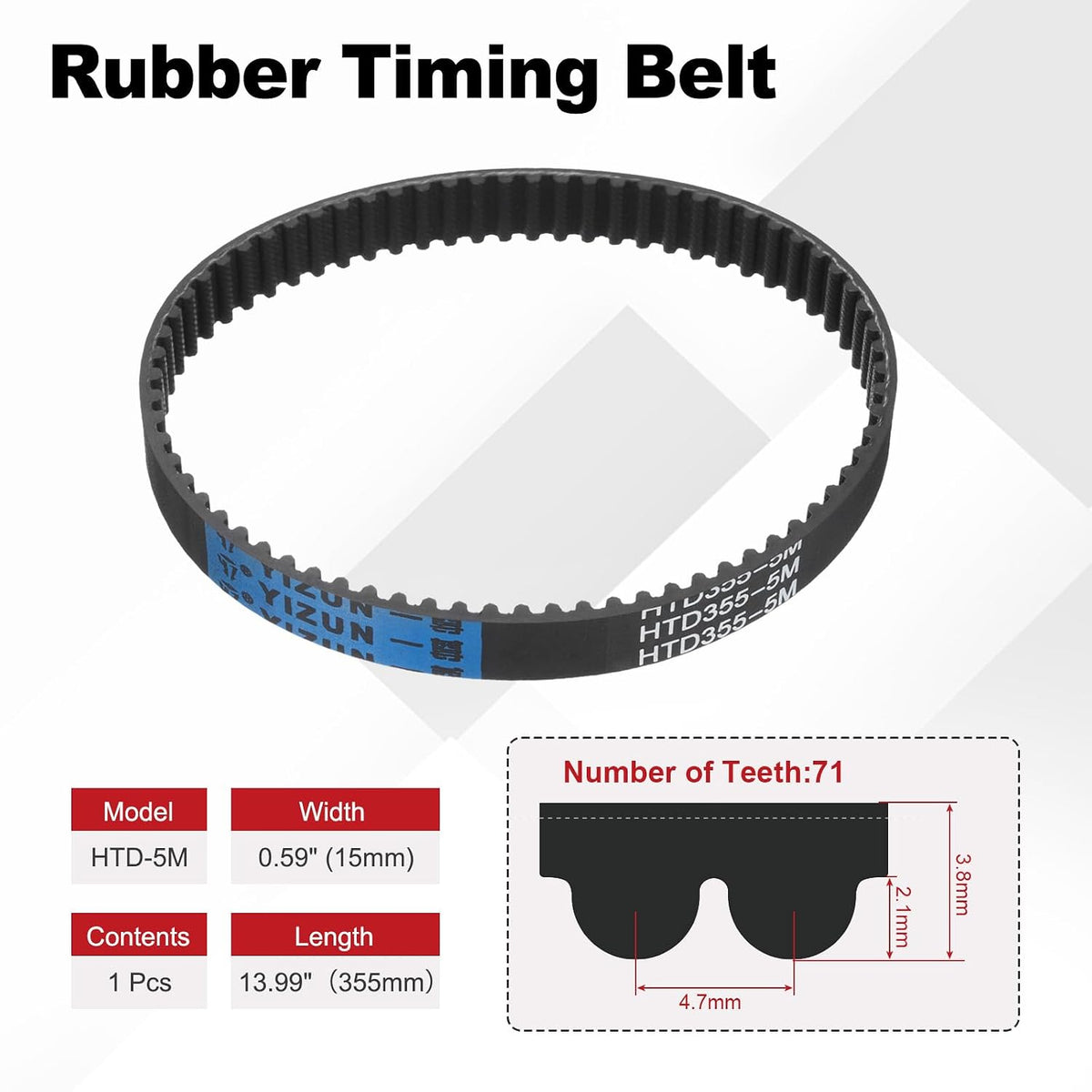 HTD 5M Timing Belts, 355mm Pitch Length x 15mm Width x 3.8mm Height