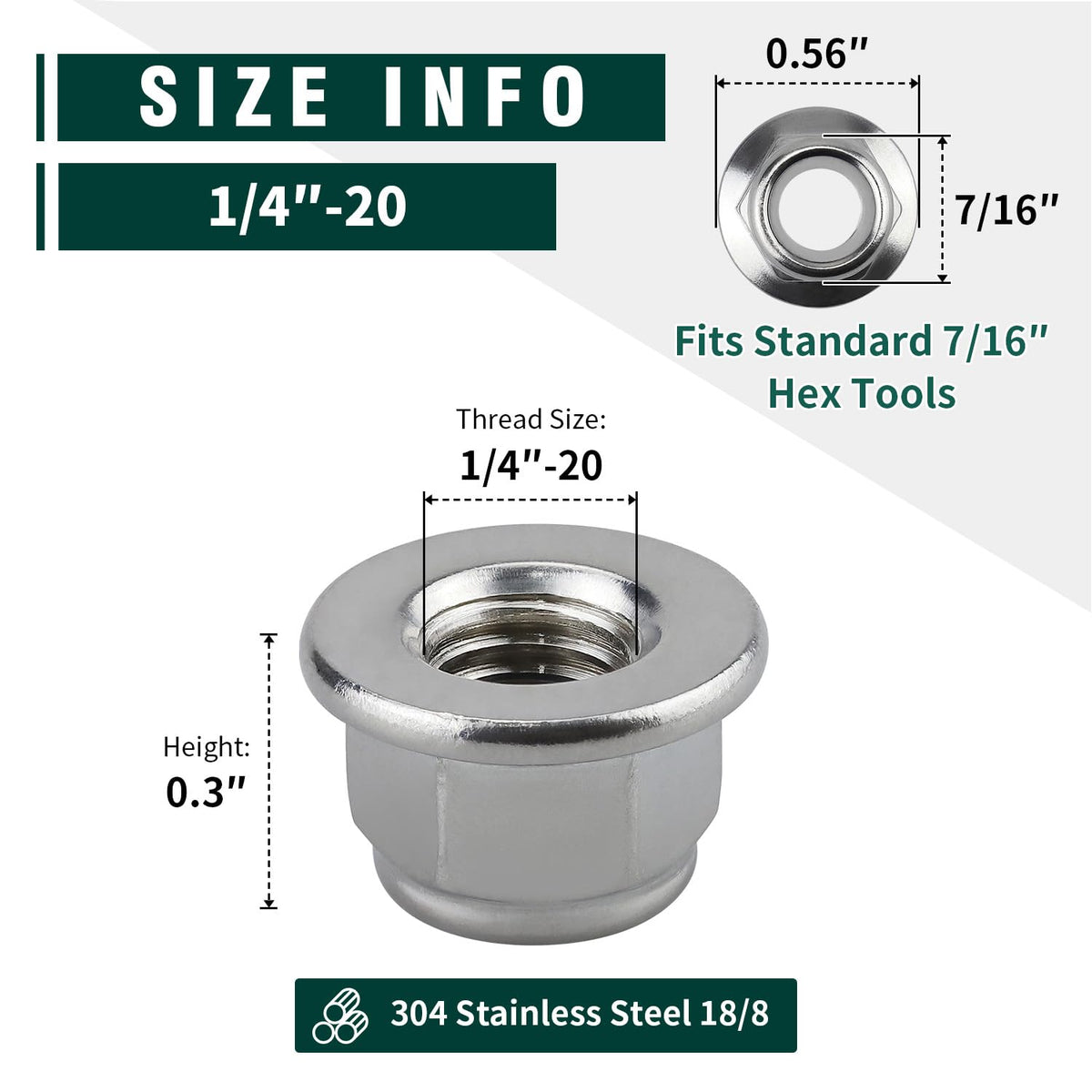1/4-20 Flanged Nylon Insert Hex Locknuts Lock Nuts, 304 Stainless Steel 18-8, Bright Finish, Coarse Thread UNC, A2-70 SS, 50 Pcs
