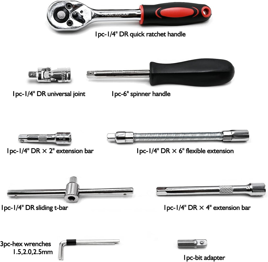 46 Pieces 1/4 inch Drive Socket Ratchet Wrench Set, with Bit Socket Set Metric and Extension Bar for Auto Repairing
