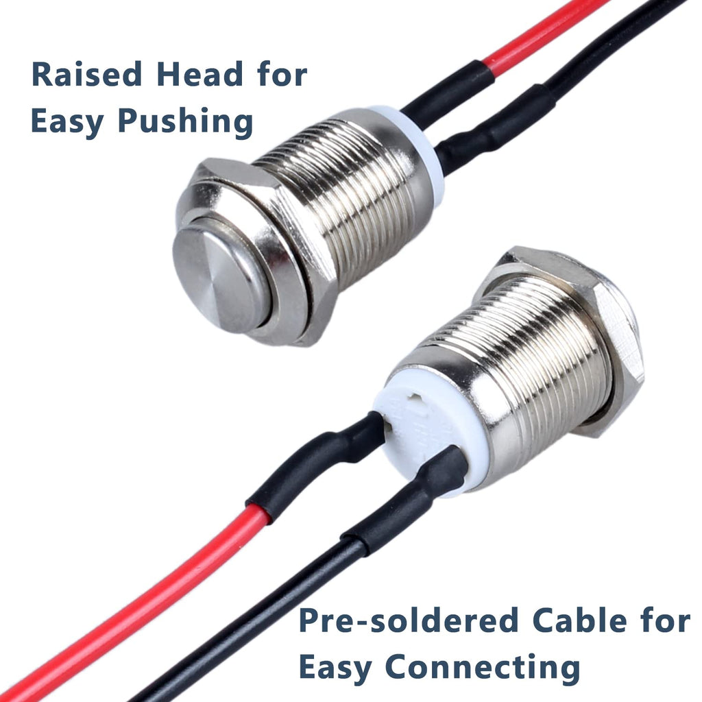 2-Pack 12mm Momentary Metal Waterproof Push Button Switch Raised Head 1/2" Mounting Hole with Pre-soldered Cable 250V 2A 1NO