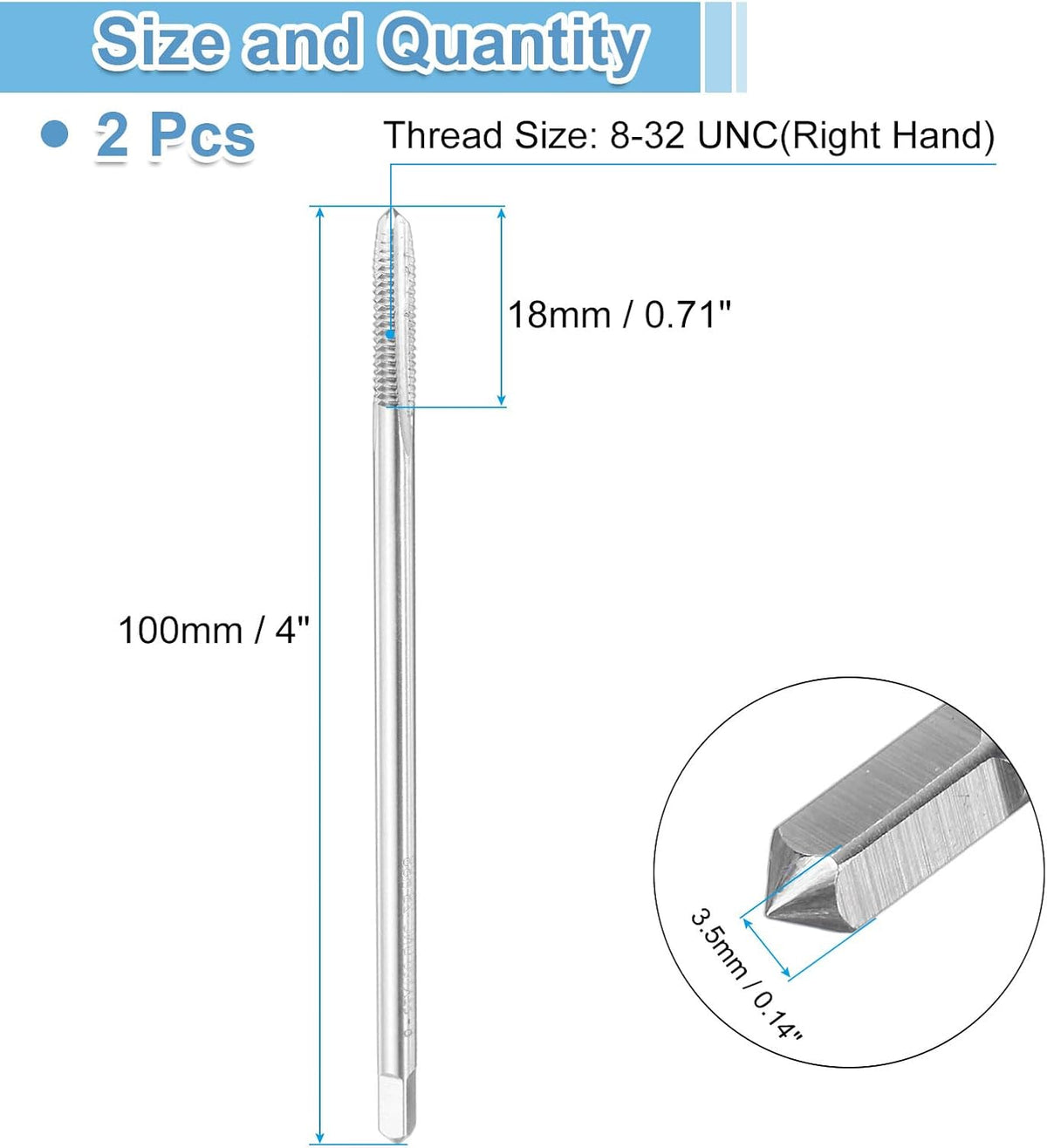 uxcell 2pcs Straight Flute Screw Taps 8-32 UNC 2B Thread 4" Extra Long HSS6542 Machine Threading Milling Tap Tapping Tools