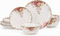 Bone China Dinnerware Set for 4, 12 Pcs Floral Plates and Bowls, Rose Bloom