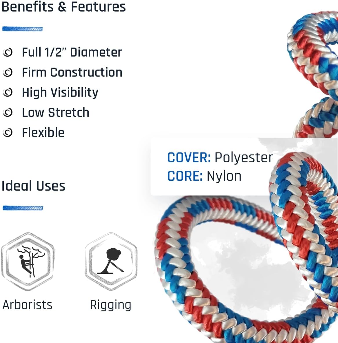 Pelican Arborist-16 Strand 12.7 mm (1/2 inch) Arborist - 7000 lbs Breaking Strength - Static Climbing Rope Used for