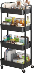 4-Tier Plastic Rolling Utility Cart with Wheels for Storage, Black
