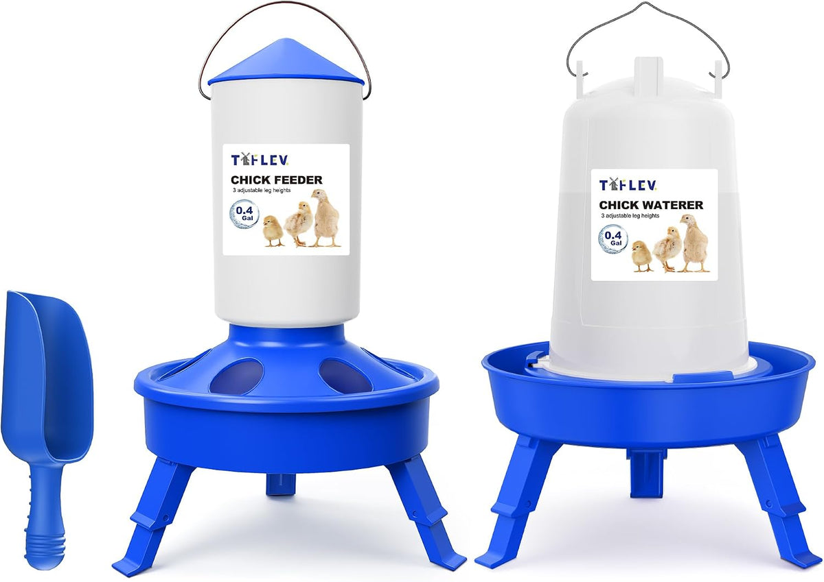 0.4Gal Top Fill Chick Feeder and 0.4Gal Chick Waterer 3 Height Scoop Blue | Chick Feeder and Waterer Set, Anti-Drown