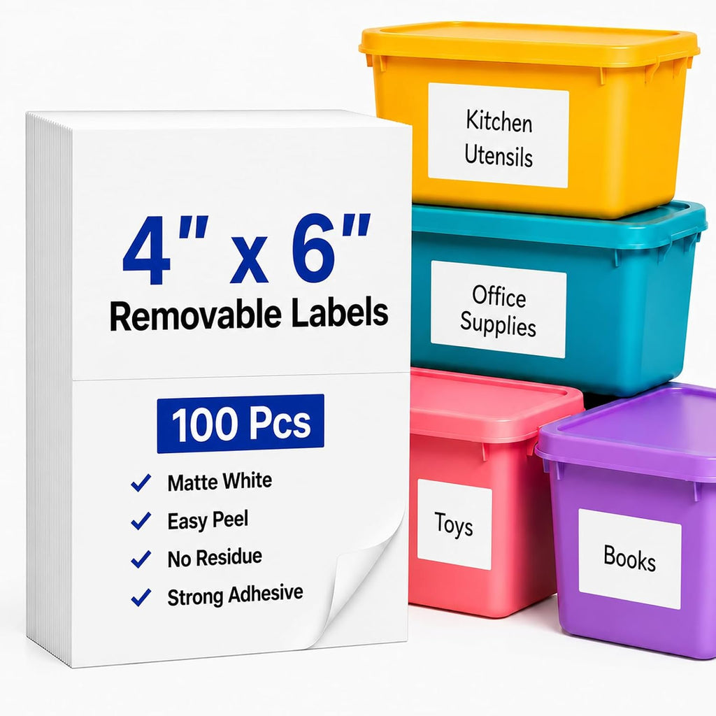 4 x 6 Inch Removable Labels for Storage Bins, 100 Pcs Matte White