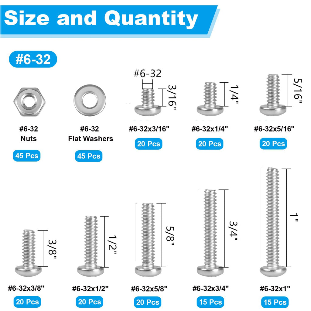 240pcs #6-32 Phillips Pan Head Machine Screws Nuts Washers Kit