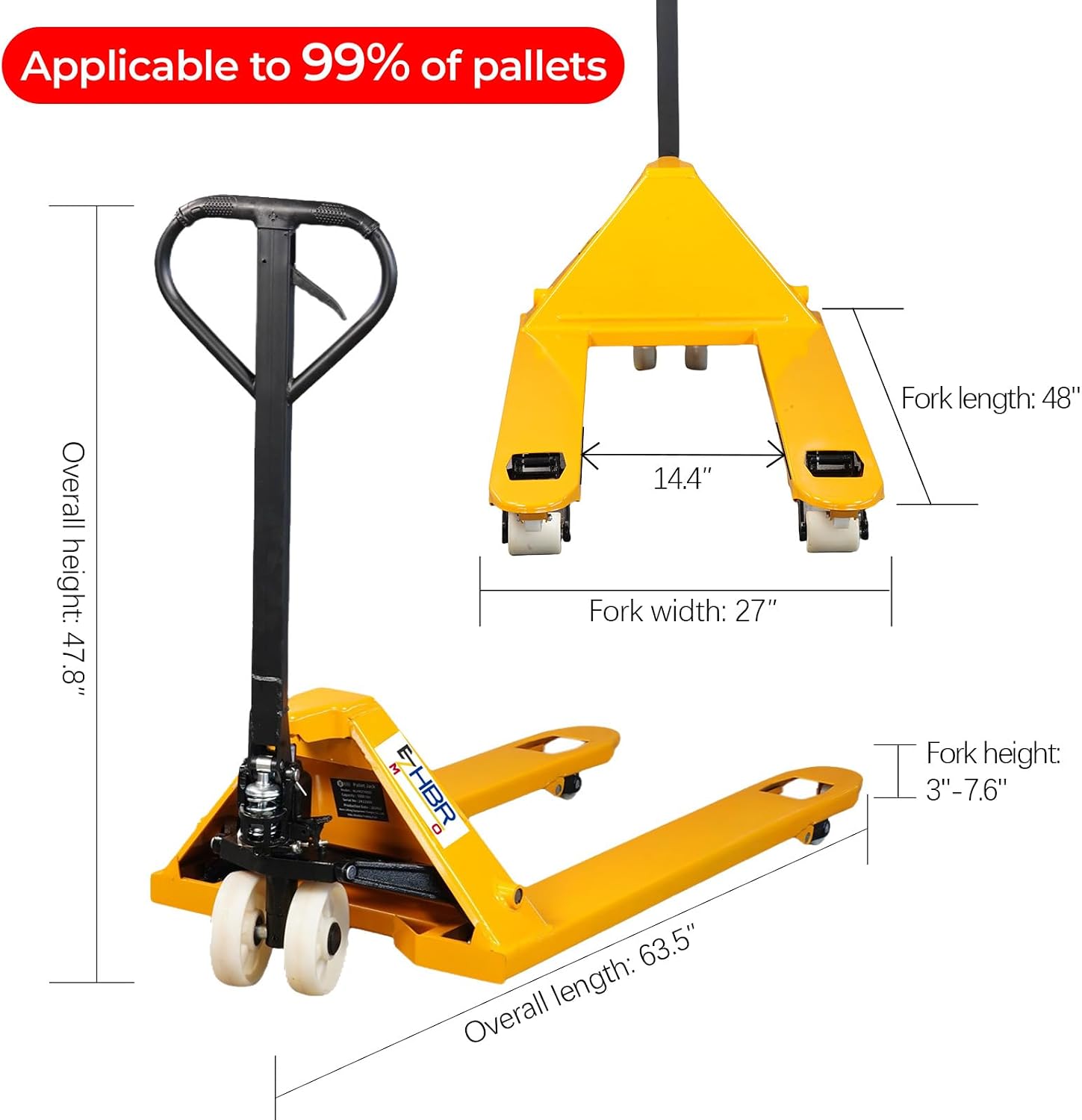 Leak-Proof Pallet Jack, 5500 lbs Load Capacity, Manual Pallet Truck with 48L x 27W Inch Forks for Pallet Moving