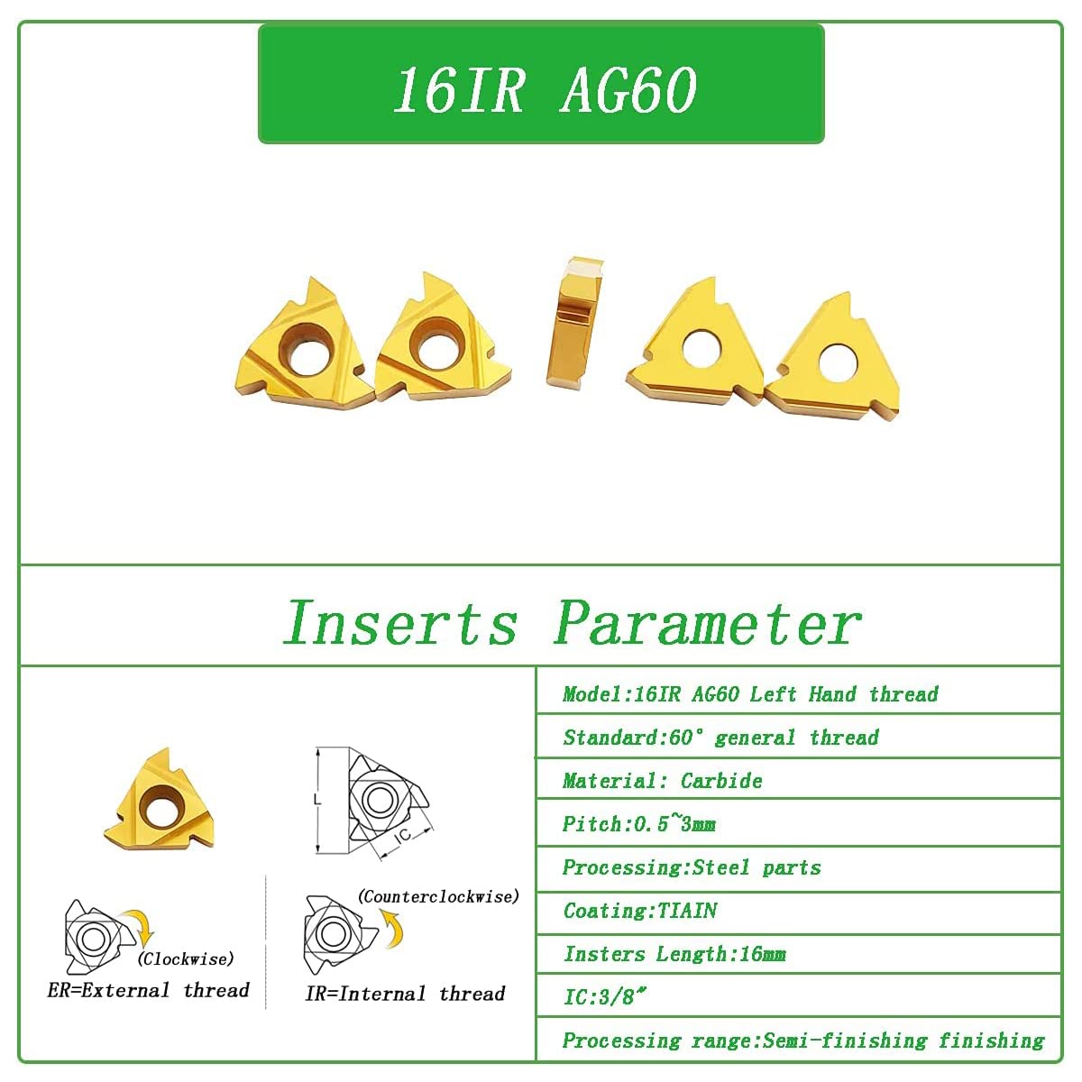 10PCS 16ER AG60 / 16IR AG60 CNC Lathe Indexable Threading Carbide Turning Insert Blade (16IR AG60)