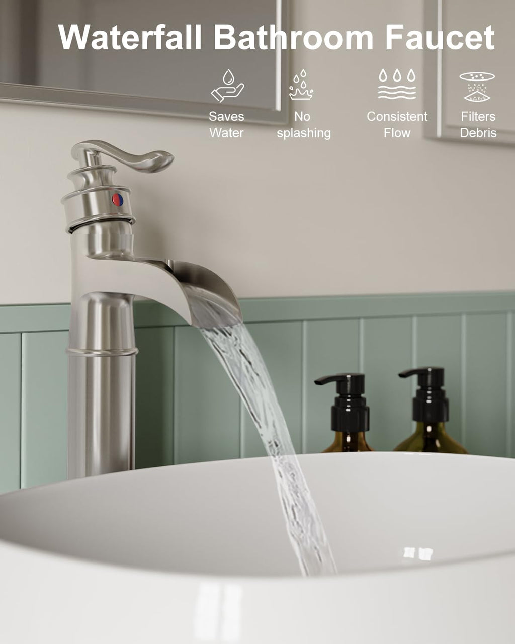 Waterfall Vessel Sink Faucet Brushed Nickel Single Handle 1 Hole