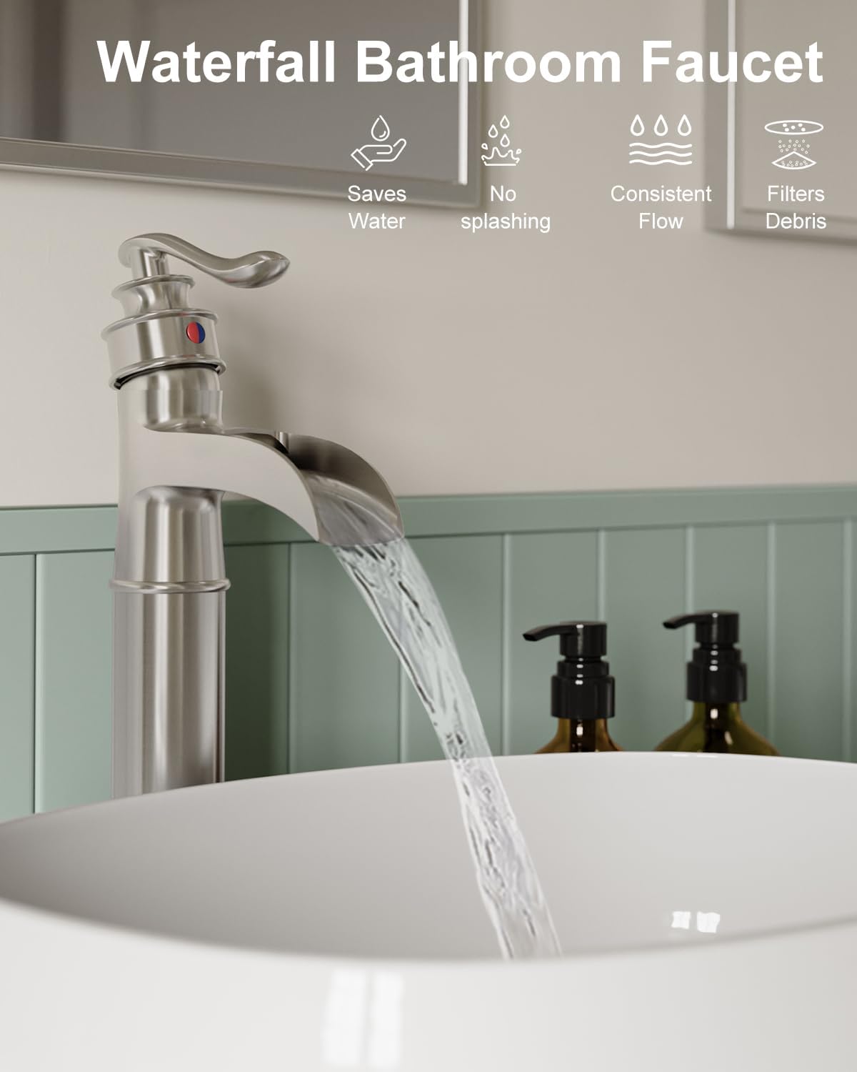 Waterfall Vessel Sink Faucet Brushed Nickel Single Handle 1 Hole