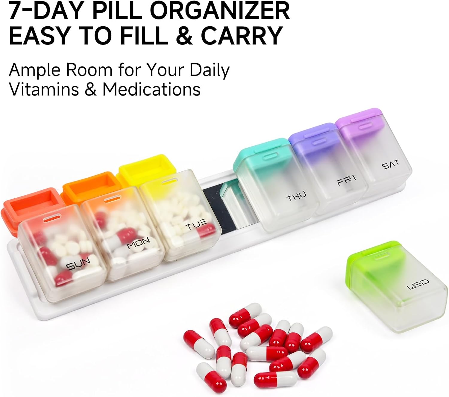Pill Organizer 7 Day, Weekly Pill Box, Magnetic Pill Organizer for Fridge, 7 Compartments Portable Daily Pill Case