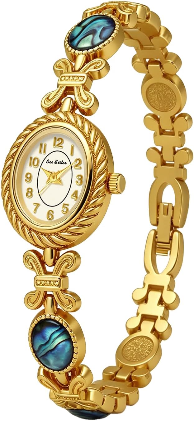 Women’s Bracelet Watch Gold Tone Small Oval Bangle Quartz Watches | Jewelry Band, Abalone Shell Accent Slim Dress