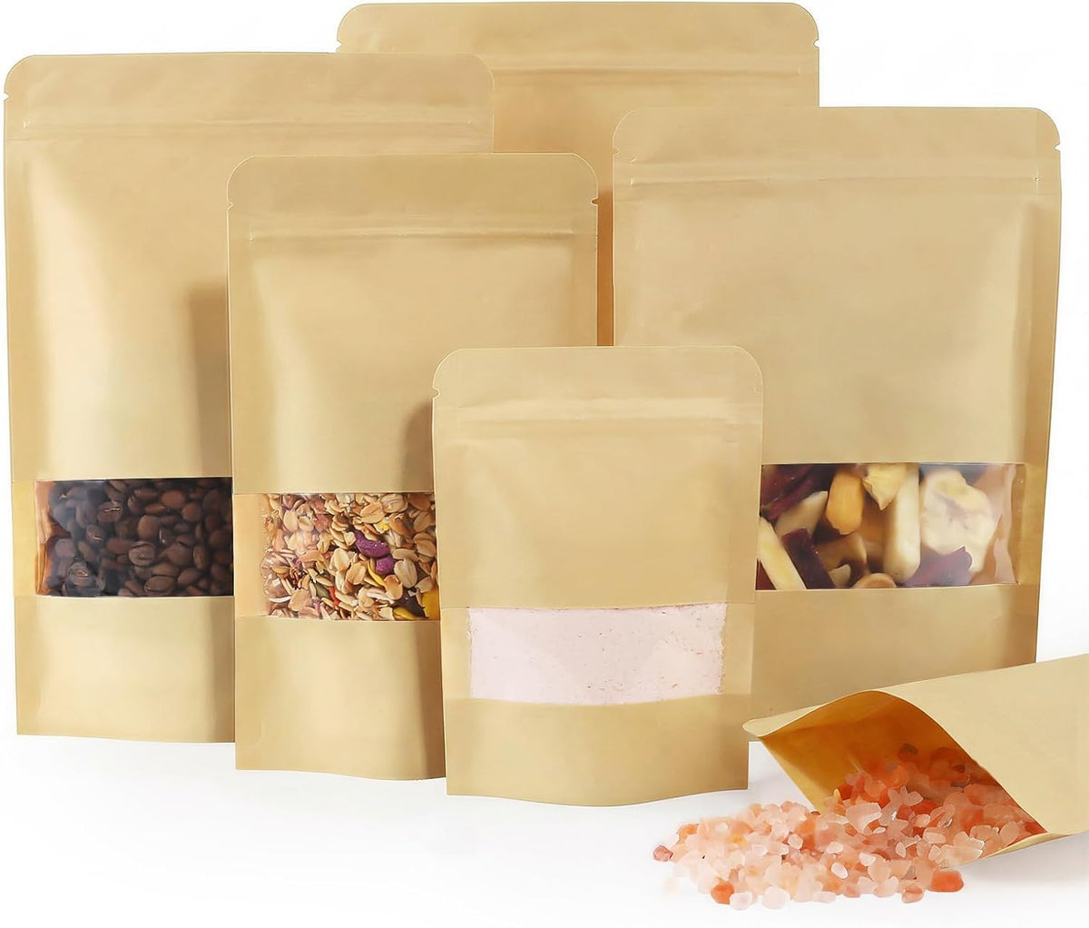 100 Pcs Resealable Paper Bags, Clear Window, Brown, 3.5" x 5.5"