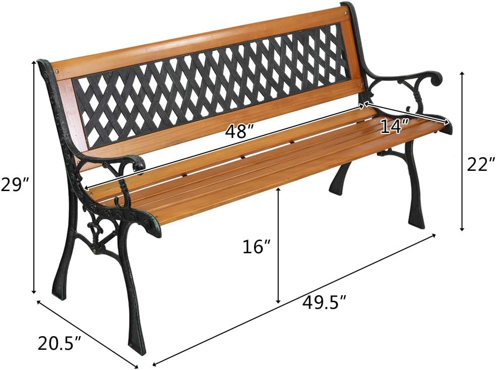 49.5in Outdoor Wood & Metal Porch Benches,Weatherproof Patio Park Bench,Outside Leisure Bench,Outdoor Garden Park